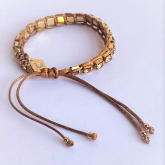 NWT Mixing Swarovski Crystals Corded Thread, Macramé Logo, Brown-Gold Bracelet